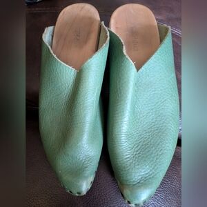 Vintage Trippen Green Leather Wooden Clog Mules Size 38 Handmade Germany Minimal